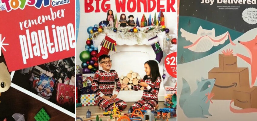 Collage of toy catalogue covers seen showing Toys R Us 'Remember Playtime' collage with photos of kids and toys, Little moments big wonder cover for mastermind toys showing children with stockings, and 'Joy Delivered' cover with an illustrated owl and fox from Amazon.