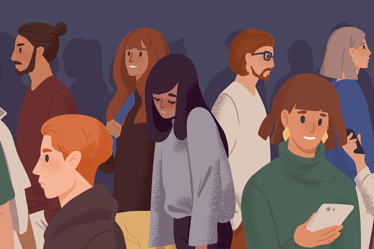 An illustration of a teenager sad and alone amongst a group of people walking by.