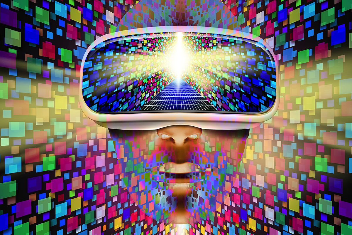 illustration of a face wearing a vr headset with many, many multicoloured screens floating around it.
