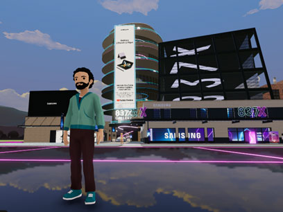 A virtual avatar in a green shirt, black pants, and sneakers standing in a virtual world.