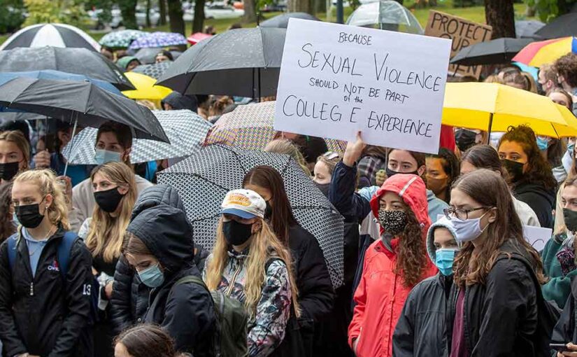 Students seen at a rally protesting sexual assault.