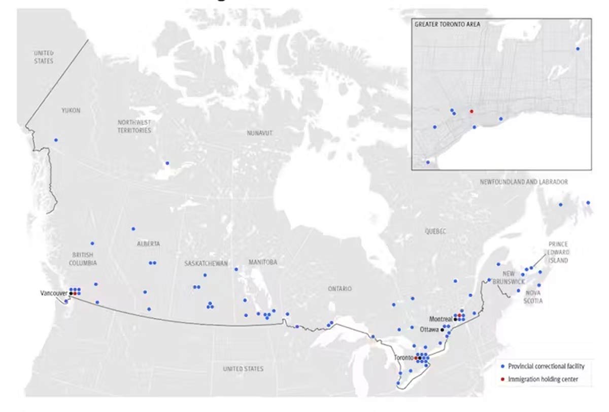 A map of canada highlighting the location of facilities where immigrants are detained.