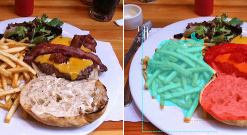 A ‘before’ and ‘after’ photo of a plate of french fries, an open-faced hamburger with cheese and bacon on a bun and a green salad whose carbs are being measured by AI.