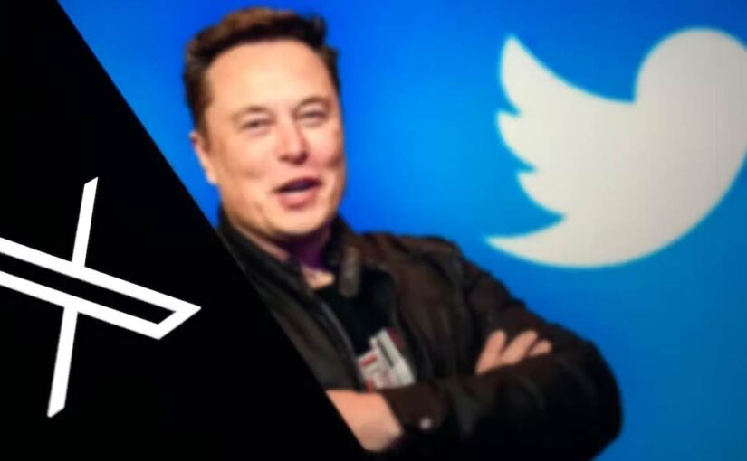 white x on black background in the first third, elon musk in the middle, Twitter logo of a white bird on a blue background behind him