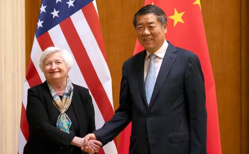 U.S. Treasury Secretary Janet Yellen shakes hands with Chinese Vice Premier He Lifeng during a meeting at the Diaoyutai State Guesthouse in Beijing in July 2023