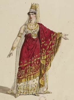 An illustration of a woman in a red and white dress embellished with gold, and a white and gold hat, her arm extended. 