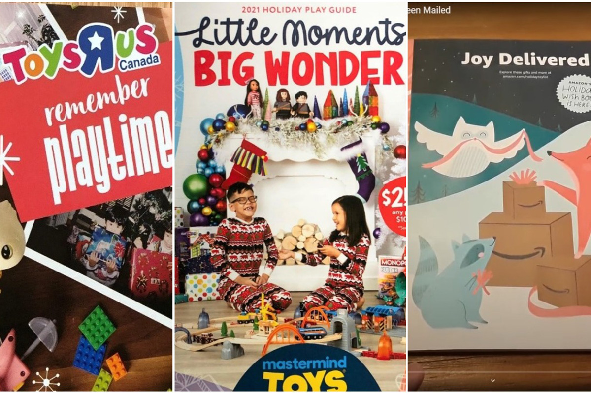 Collage of toy catalogue covers seen showing Toys R Us 'Remember Playtime' collage with photos of kids and toys, Little moments big wonder cover for mastermind toys showing children with stockings, and 'Joy Delivered' cover with an illustrated owl and fox from Amazon.