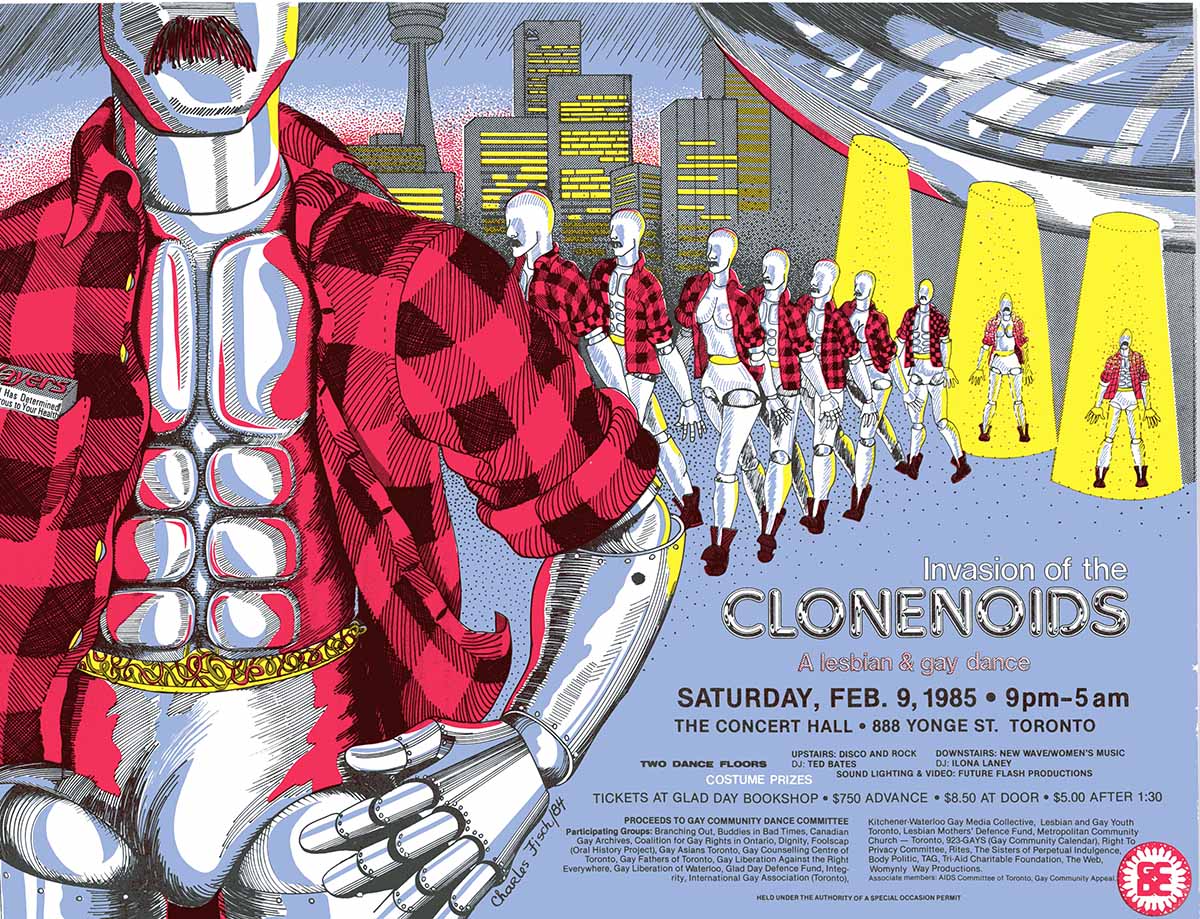 Poster showing robot-like male and female figures in apparent lumberjack style jackets receding into the distance. 