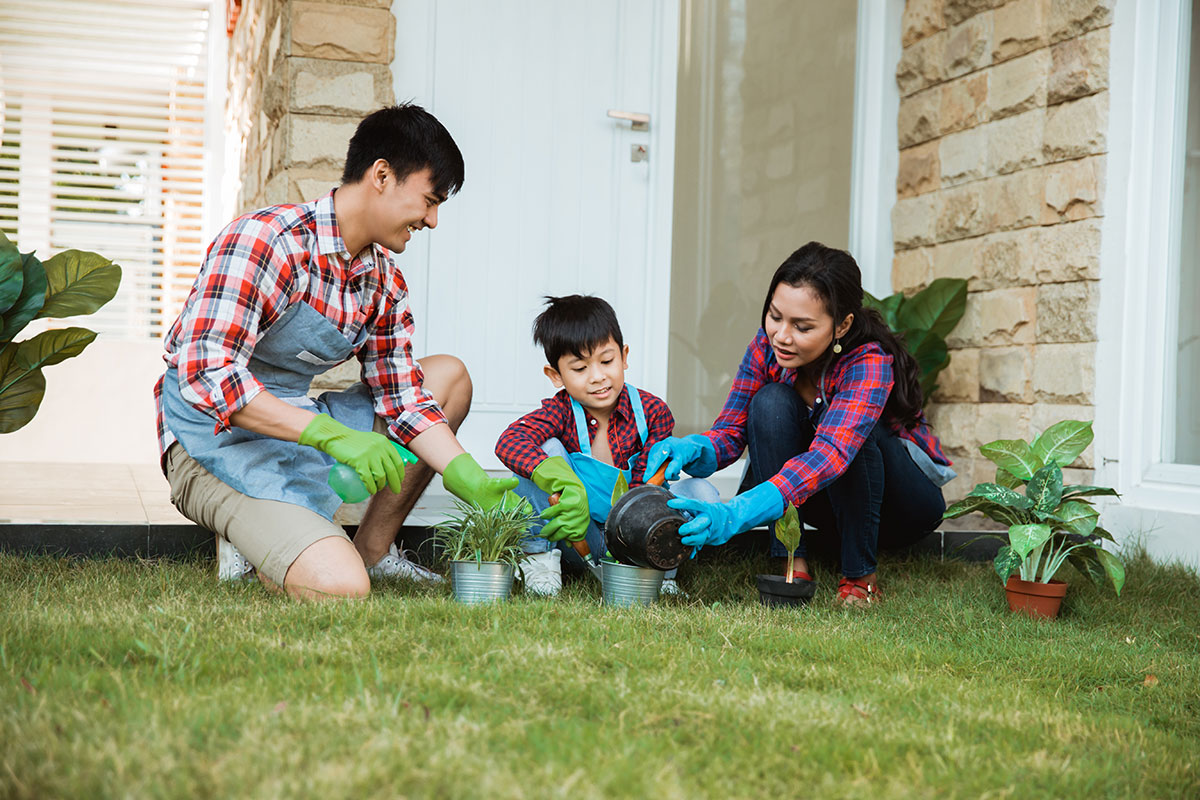 A man and a woman and a child potting plants on a green lawn in front of a house.