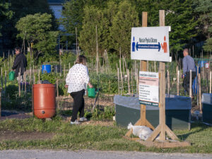 Three people tending to garden plots, with a sign in the foreground advising physical distancing.