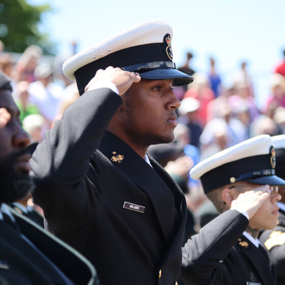 Soldiers in uniform saluting.