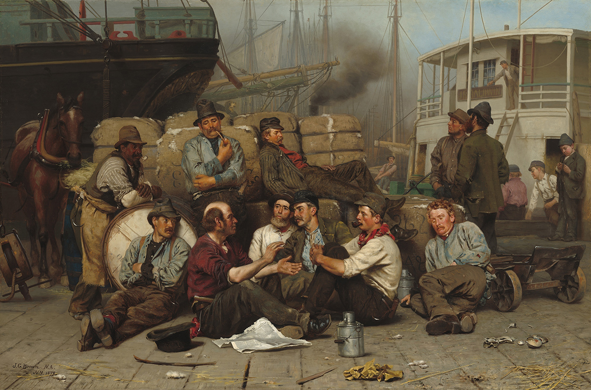 A painting of a group of men lounging on a wharf during their lunch break.