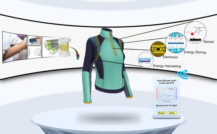A graphic illustration of a long-sleeved, smart wearable green and black women’s shirt floating above a white table with four information bubbles depicting some of the shirt’s features, including continuous glucose monitoring, and a graph entitled Your Glucose Level in the last 8 Hr.