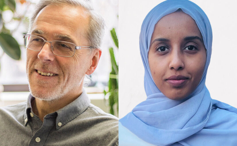 ALT TEXT: A composite image of two headshots side by side. On the left, Department of Architectural Science chair and professor Mark Gorgolewski sits smiling at an angle to the camera wearing glasses and a brown shirt. On the right, architectural graduate student ​​Fatma Osman looks directly at the camera wearing a blue head scarf and top.