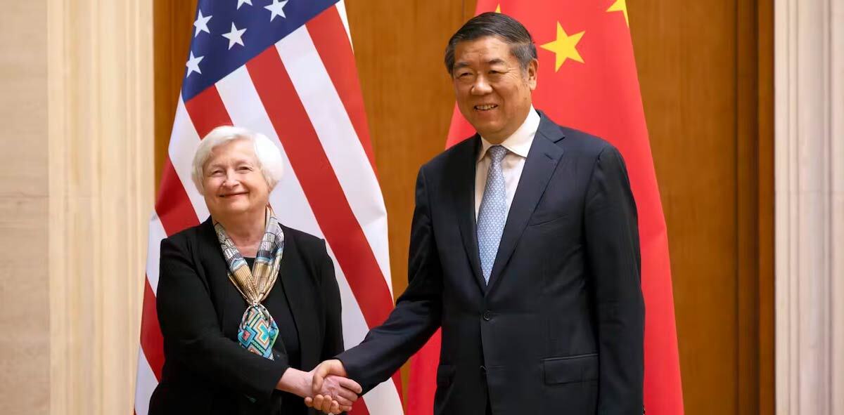 U.S. Treasury Secretary Janet Yellen shakes hands with Chinese Vice Premier He Lifeng during a meeting at the Diaoyutai State Guesthouse in Beijing in July 2023