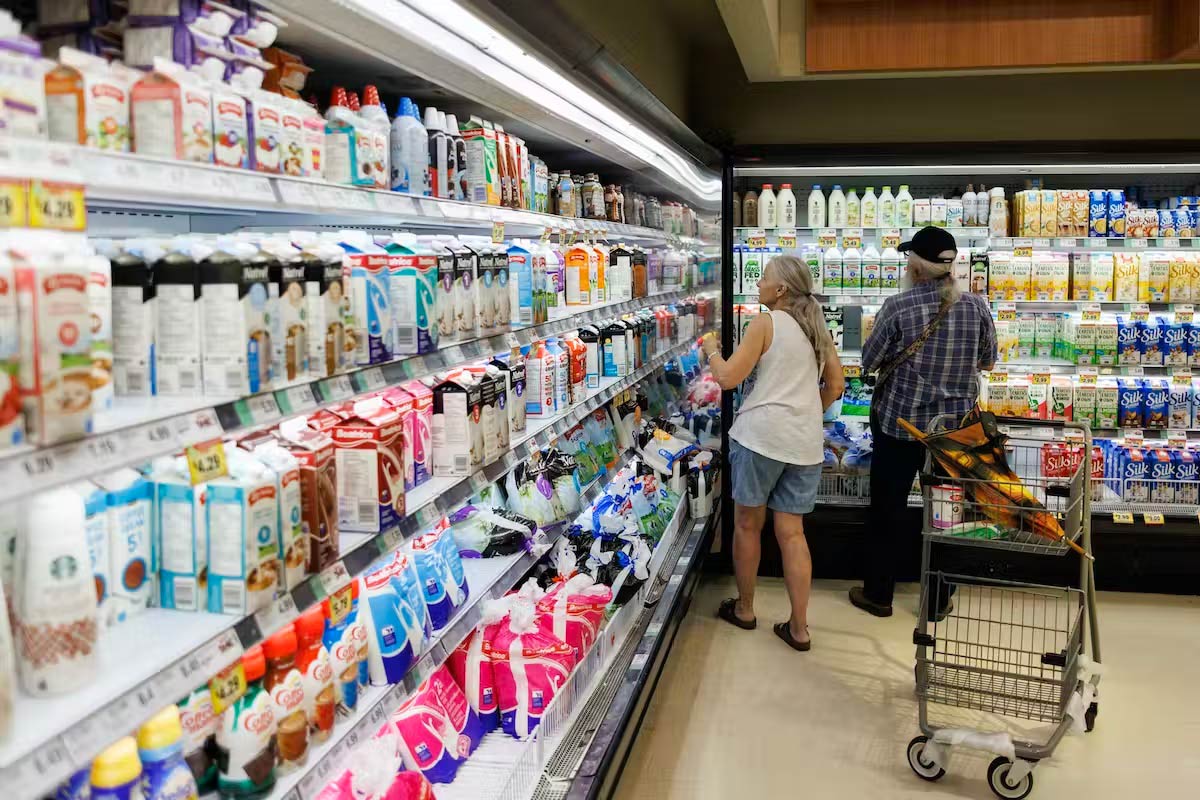 People browsing the dairy section of a grocery store