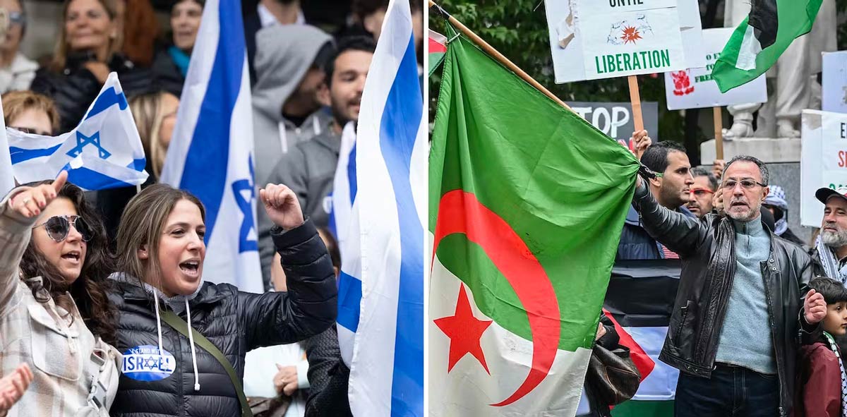 Two images combined as one show people raising their fists with the Israel flag while the other photos shows people waving pro-Palestine signs and flags