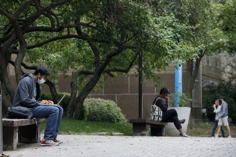 Students seen in a courtyard, one on a bench and some walking.