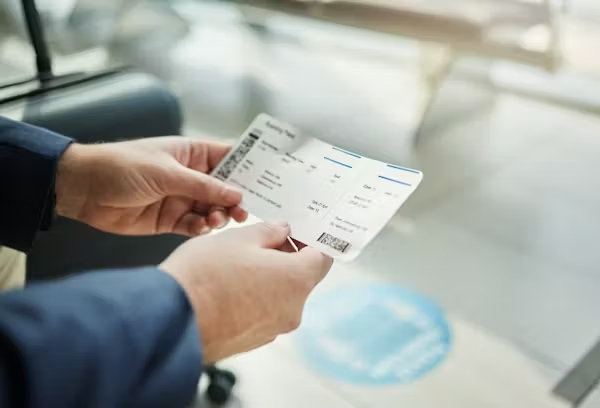 Close-up of a pair of hands holding a plane ticket.