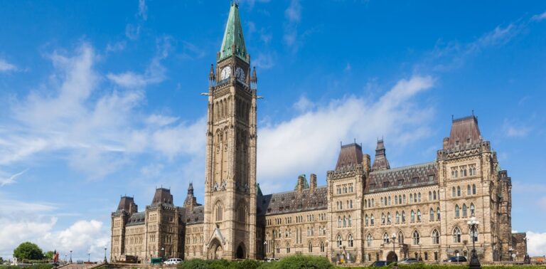 Panoramic view of the parliament buildings in Ottawa.